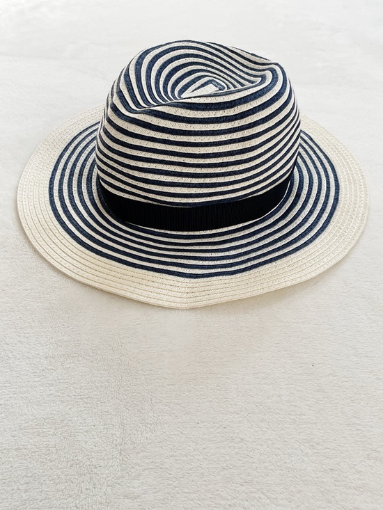 J. Crew Factory Accessories - J.Crew Factory Straw Fedora Hat Navy Stripe Wide Brim M/L Summer